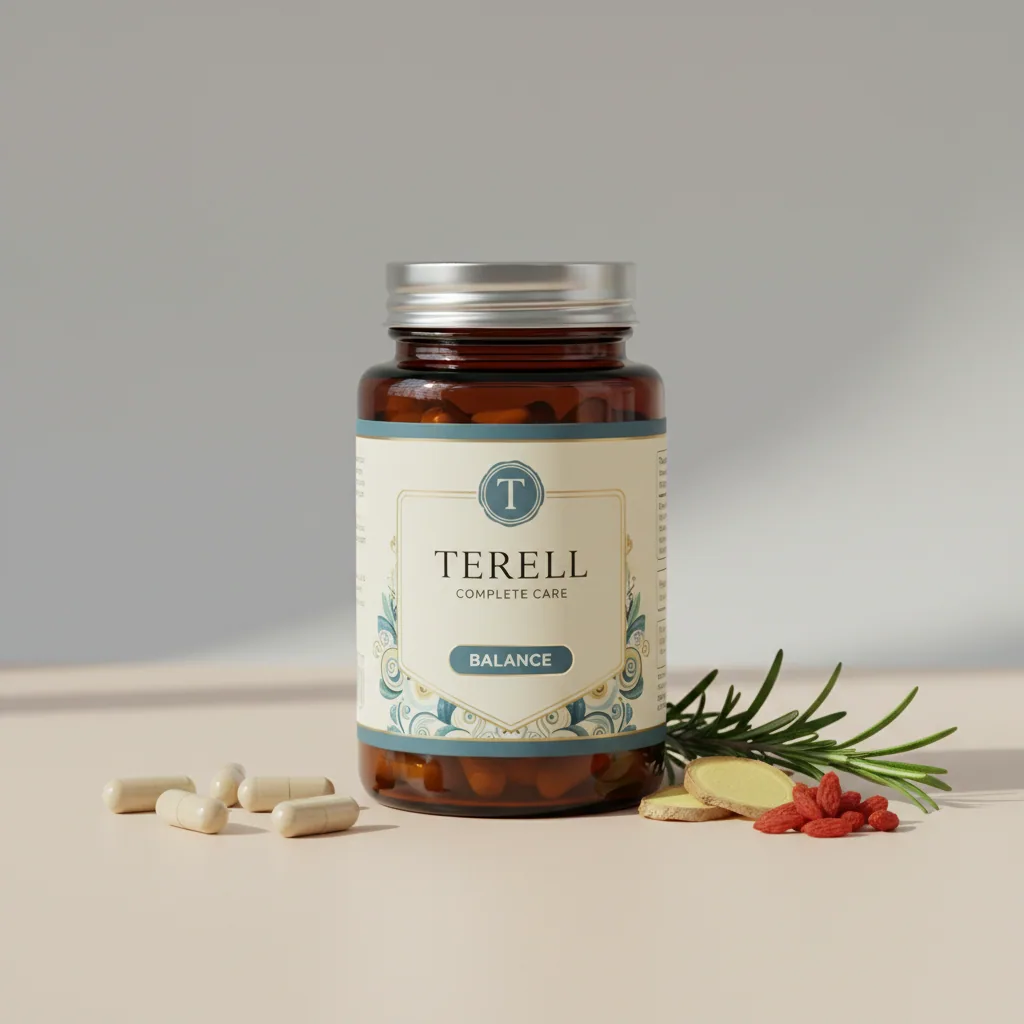 Terell Complete Care -ravintolisäpurkki koostumuksen ainesosien ympäröimänä